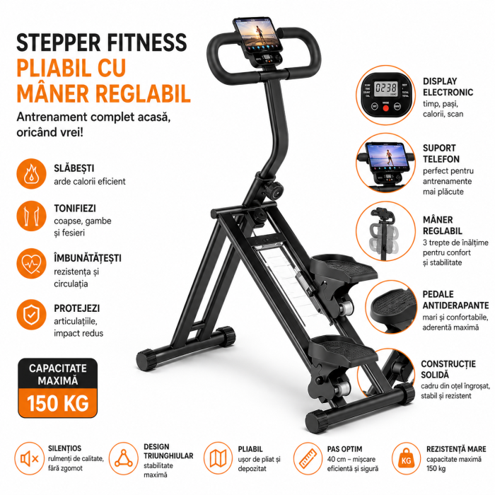 Stepper Fitness Pliabil cu Suport Telefon, Pedale Antiderapante, Maner Reglabil 3 Trepte, Silentios, Cadru Stabil - max. 150 kg [3]