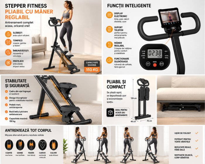 Stepper Fitness Pliabil cu Suport Telefon, Pedale Antiderapante, Maner Reglabil 3 Trepte, Silentios, Cadru Stabil - max. 150 kg [5]