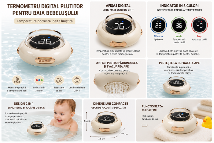Termometru Digital Plutitor pentru Baia Bebelusului, Afisaj LED, Indicator in 3 Culori, Functionare cu Baterii, 7,5 x 7,5 x 4,5 cm, Crem [6]