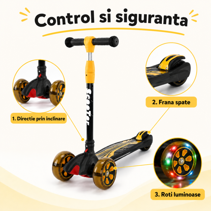 Trotineta Copii Pliabila cu 3 Roti Luminoase LED, Ghidon Reglabil, Directie prin Inclinare, Platforma Antiderapanta, Frana Spate [9]