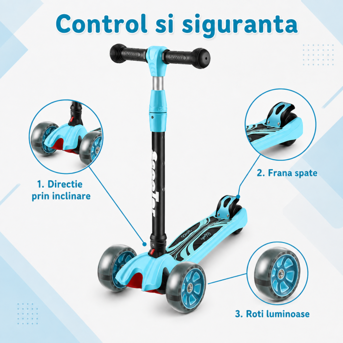 Trotineta Copii Pliabila cu 3 Roti Luminoase LED, Ghidon Reglabil, Directie prin Inclinare, Platforma Antiderapanta, Frana Spate [6]
