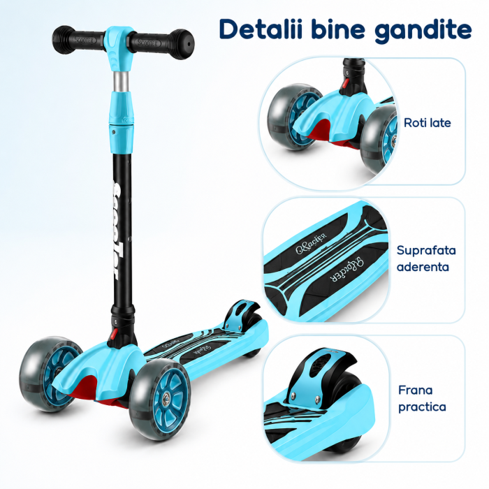 Trotineta Copii Pliabila cu 3 Roti Luminoase LED, Ghidon Reglabil, Directie prin Inclinare, Platforma Antiderapanta, Frana Spate [3]