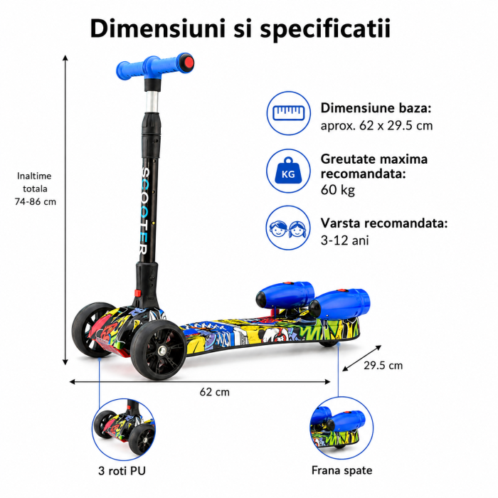 Trotineta Copii Pliabila cu Efect de Abur, Bluetooth si Lumini LED, 3 Roti PU, Directie prin Inclinare, Ghidon Reglabil, Structura Rezistenta, maxim 60kg, Design Graffiti [6]