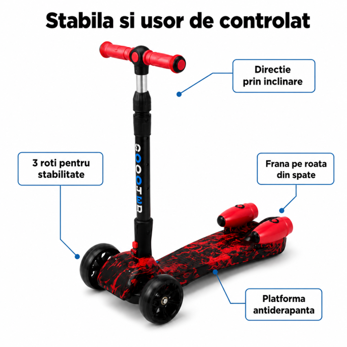 Trotineta Copii Pliabila cu Efect de Abur, Bluetooth si Lumini LED, 3 Roti PU, Directie prin Inclinare, Ghidon Reglabil, Structura Rezistenta, maxim 60kg, Design Graffiti [23]