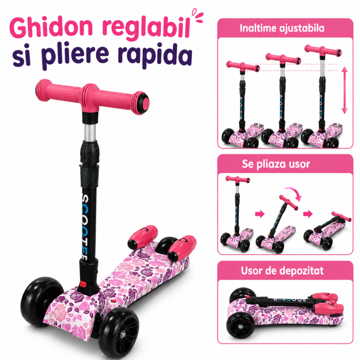 Trotineta Copii Pliabila cu Efect de Abur, Bluetooth si Lumini LED, 3 Roti PU, Directie prin Inclinare, Ghidon Reglabil, Structura Rezistenta, maxim 60kg, Design Graffiti [16]