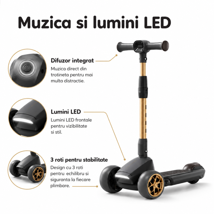 Trotineta Copii Premium cu 3 Roti Mari, Pliabila, Muzica si Lumini LED, Ghidon Reglabil 70-90 cm, Pana la 50 kg [8]