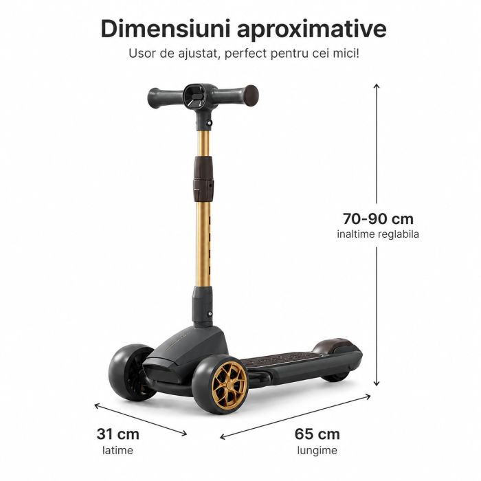 Trotineta Copii Premium cu 3 Roti Mari, Pliabila, Muzica si Lumini LED, Ghidon Reglabil 70-90 cm, Pana la 50 kg [6]