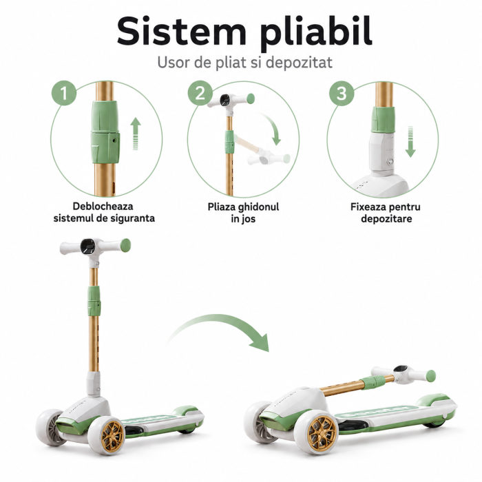 Trotineta Copii Premium cu 3 Roti Mari, Pliabila, Muzica si Lumini LED, Ghidon Reglabil 70-90 cm, Pana la 50 kg [5]