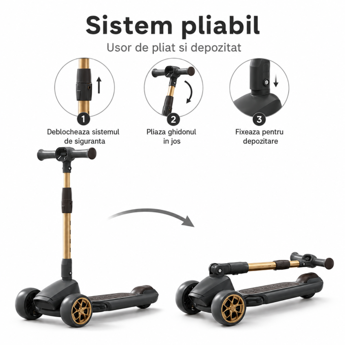 Trotineta Copii Premium cu 3 Roti Mari, Pliabila, Muzica si Lumini LED, Ghidon Reglabil 70-90 cm, Pana la 50 kg [5]