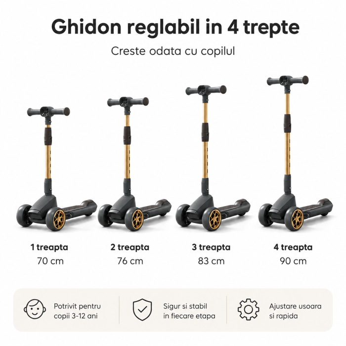 Trotineta Copii Premium cu 3 Roti Mari, Pliabila, Muzica si Lumini LED, Ghidon Reglabil 70-90 cm, Pana la 50 kg [3]