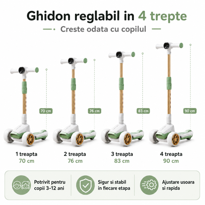 Trotineta Copii Premium cu 3 Roti Mari, Pliabila, Muzica si Lumini LED, Ghidon Reglabil 70-90 cm, Pana la 50 kg [3]