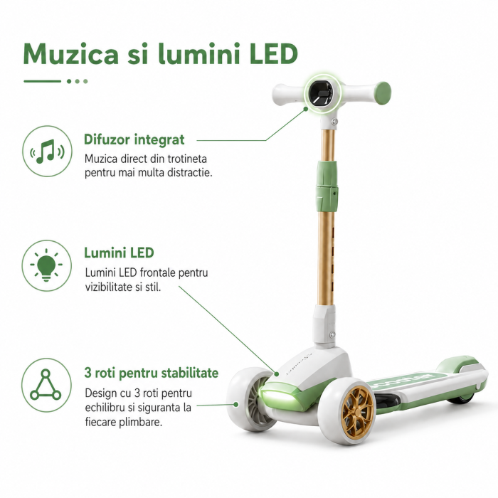 Trotineta Copii Premium cu 3 Roti Mari, Pliabila, Muzica si Lumini LED, Ghidon Reglabil 70-90 cm, Pana la 50 kg [8]