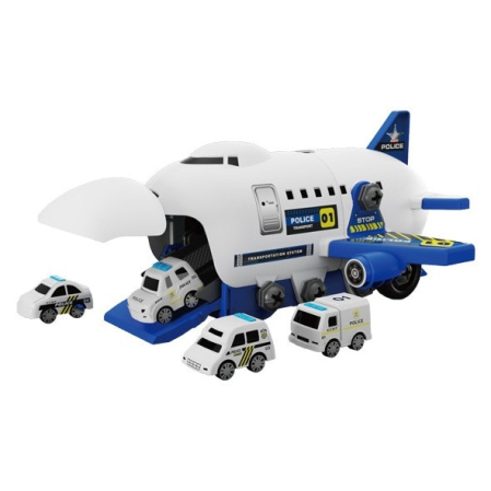 Jucării Interactive - Avion de Jucarie 2 in 1 - Demontabil, Model Politie, cu mini Vehicule si Spatiu de Depozitare, Surubelnita Electrica, Joynix
