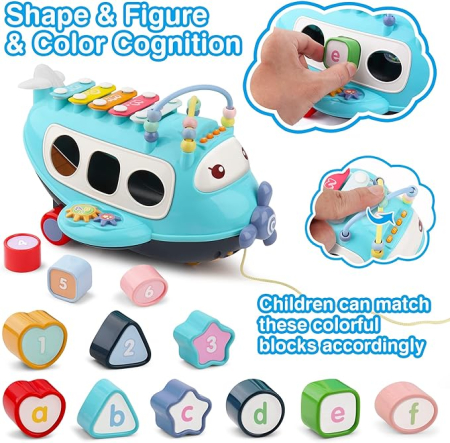Avion de Jucarie pentru Bebelusi cu Xilofon, Sortare forme, Muzica si Lumini, Jucarii Montessori, Albastru [3]