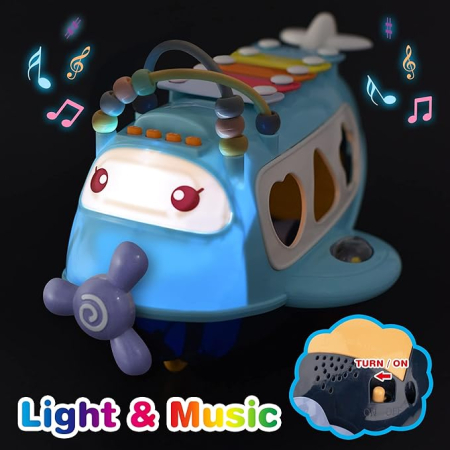 Avion de Jucarie pentru Bebelusi cu Xilofon, Sortare forme, Muzica si Lumini, Jucarii Montessori, Albastru [2]