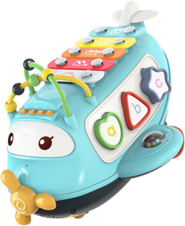 Articole și Jucării pentru Bebeluși - Avion de Jucarie pentru Bebelusi cu Xilofon, Sortare forme, Muzica si Lumini, Jucarii Montessori, Albastru