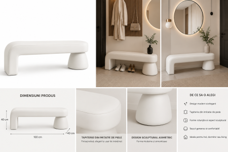 Bancheta Decorativa Moderna pentru Hol sau Dormitor, Design Asimetric, 100 x 40 x 40 cm, Alb [7]