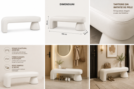 Bancheta Decorativa Moderna pentru Hol sau Dormitor, Design Asimetric, 100 x 40 x 40 cm, Alb [5]