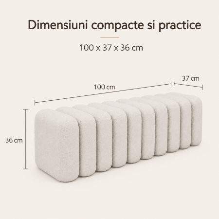 Bancheta Decorativa pentru Hol sau Dormitor, Design Modular Rotunjit, Material Boucle, Cadru din Lemn Masiv, 100x37x36 cm, Alb [3]