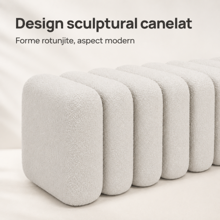 Bancheta Decorativa pentru Hol sau Dormitor, Design Modular Rotunjit, Material Boucle, Cadru din Lemn Masiv, 100x37x36 cm, Alb [4]