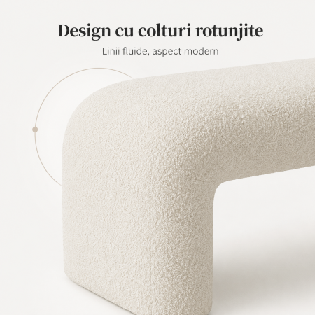 Bancheta Decorativa Tapitata pentru Hol sau Dormitor, 100x35x42 cm, Material Boucle/Teddy, Colturi Rotunjite, Design Modern, Alb Ivory [3]