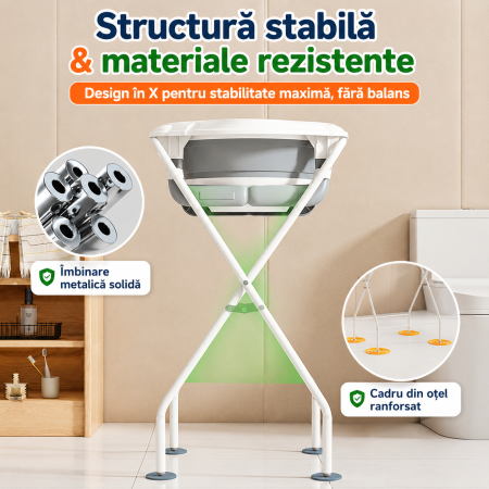 Cadita Pliabila Bebelusi cu Suport Metalic, Termometru Digital, Recipiente Pliabile, Set Umerase Inclus,  Suport Antialunecare, Pliere Compacta, 0-36 luni, Gri [3]