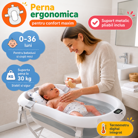 Cadita Pliabila Bebelusi cu Suport Metalic, Termometru Digital, Recipiente Pliabile, Set Umerase Inclus,  Suport Antialunecare, Pliere Compacta, 0-36 luni, Gri [5]