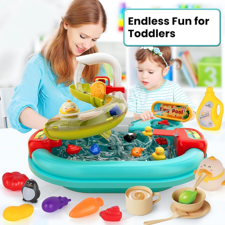 Chiuveta Interactiva pentru Copii 3-in-1, Apa Circulanta, Tobogan, Pescuit – Distractie cu Pestisori, Ratuste si Ustensile, Albastra [6]