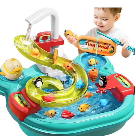 Jucării Interactive - Chiuveta Interactiva pentru Copii 3-in-1, Apa Circulanta, Tobogan, Pescuit – Distractie cu Pestisori, Ratuste si Ustensile, Albastra