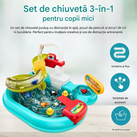 Chiuveta Interactiva pentru Copii 3-in-1, Apa Circulanta, Tobogan, Pescuit – Distractie cu Pestisori, Ratuste si Ustensile, Albastra [2]