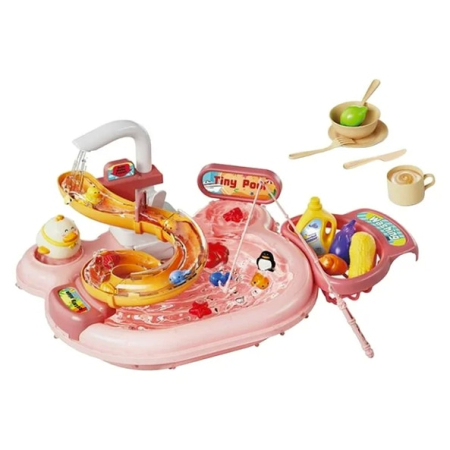 Chiuveta Interactiva pentru Copii 3-in-1, Apa Circulanta, Tobogan, Pescuit – Distractie cu Pestisori, Ratuste si Ustensile, Roz [6]