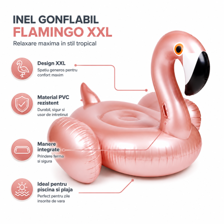 Colac Gonflabil Flamingo XXL, 150 x 120 x 100 cm, Manere pentru Stabilitate, pentru Piscina si Plaja, PVC Rezistent, Roz [3]
