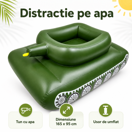 Colac Gonflabil tip Tanc cu Tun de Apa, 165 x 95 cm, pentru Piscina si Plaja, Verde Militar [2]