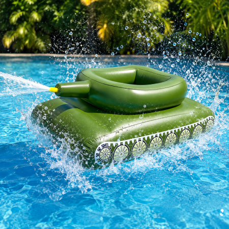 Saltele pentru plaja - Colac Gonflabil tip Tanc cu Tun de Apa, 165 x 95 cm, pentru Piscina si Plaja, Verde Militar