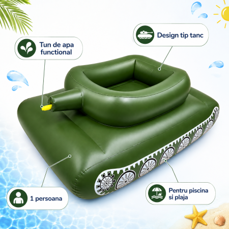 Colac Gonflabil tip Tanc cu Tun de Apa, 165 x 95 cm, pentru Piscina si Plaja, Verde Militar [4]