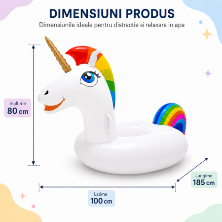 Colac Gonflabil Tip Unicorn XXL, 185 cm, pentru Piscina si Plaja, Design Multicolor Curcubeu [7]