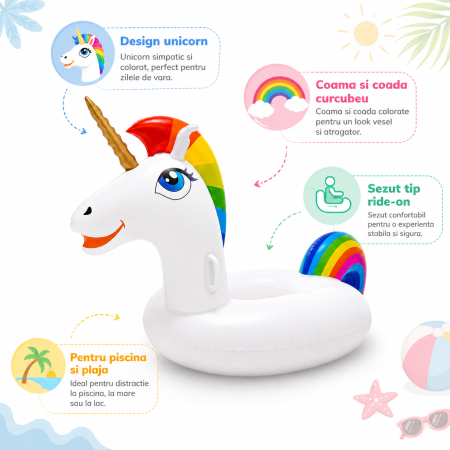 Colac Gonflabil Tip Unicorn XXL, 185 cm, pentru Piscina si Plaja, Design Multicolor Curcubeu [2]