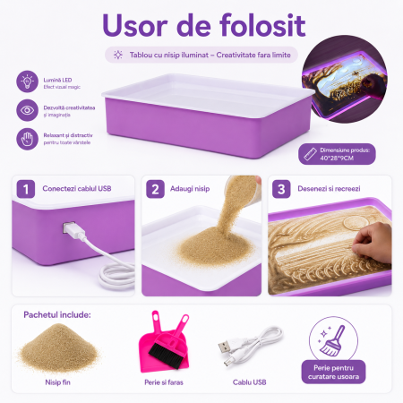 Cutie Luminoasa pentru Desen cu Nisip, Set Creativ pentru Copii cu Iluminare LED, Alimentare USB, Nisip si Accesorii, 40x28x9 cm, Mov/Albastru [1]