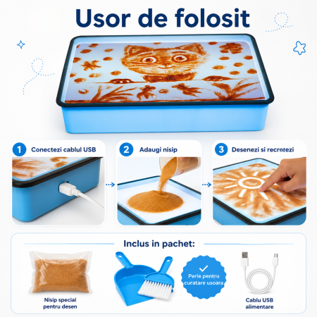 Cutie Luminoasa pentru Desen cu Nisip, Set Creativ pentru Copii cu Iluminare LED, Alimentare USB, Nisip si Accesorii, 40x28x9 cm, Mov/Albastru [1]
