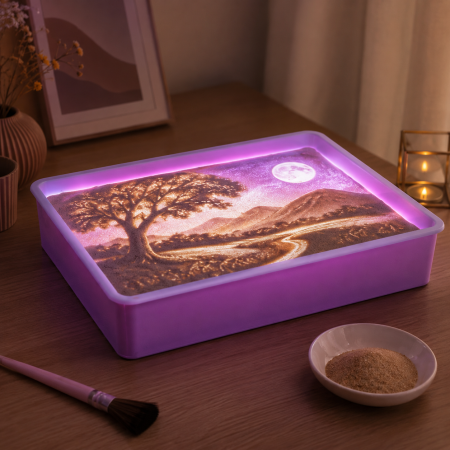 Jocuri Educative și Logice - Cutie Luminoasa pentru Desen cu Nisip, Set Creativ pentru Copii cu Iluminare LED, Alimentare USB, Nisip si Accesorii, 40x28x9 cm, Mov/Albastru
