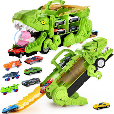 Jucării Interactive - DinoMax Transporter – Camionul care Inghite Masini, 8 Masinute Metalice, Pista de Lansare, Depozitare Inteligenta