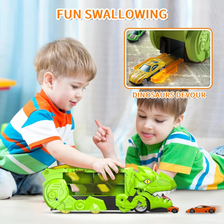 DinoMax Transporter – Camionul care Inghite Masini, 8 Masinute Metalice, Pista de Lansare, Depozitare Inteligenta [8]