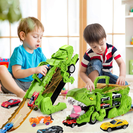 DinoMax Transporter – Camionul care Inghite Masini, 8 Masinute Metalice, Pista de Lansare, Depozitare Inteligenta [1]