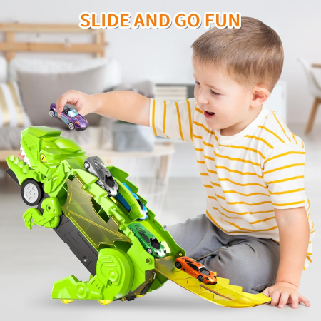 DinoMax Transporter – Camionul care Inghite Masini, 8 Masinute Metalice, Pista de Lansare, Depozitare Inteligenta [2]