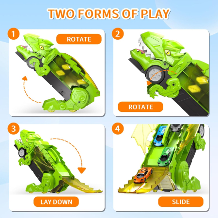 DinoMax Transporter – Camionul care Inghite Masini, 8 Masinute Metalice, Pista de Lansare, Depozitare Inteligenta [7]