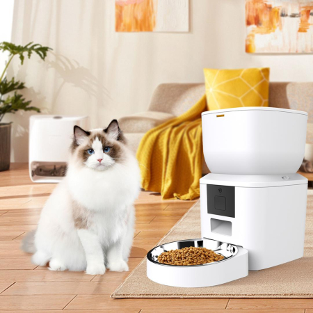 Dispenser Hrana Automat pentru Caini si Pisici, Inregistrare vocala, Programabil prin aplicatie, Bol inox, Alb [2]