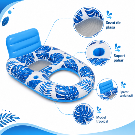 Fotoliu Gonflabil pentru Piscina, 160 x 102 cm, Spatar Inalt, 2 Suporturi pentru Pahare, Design Tropical, Albastru [5]