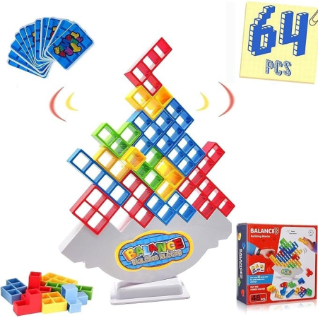 Jocuri Educative și Logice - Joc de stivuire distractiv si captivant, Constructie blocuri Tetris in echilibru, 64 de piese, Joynix