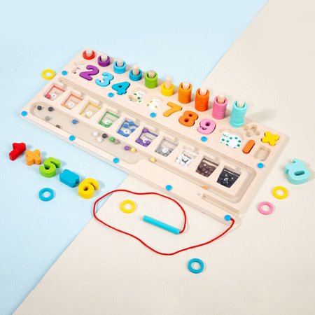 Joc Educativ din Lemn, Labirint Montessori, Cifre, Margele si Stilou Magnetic, Stivuire Piese [1]