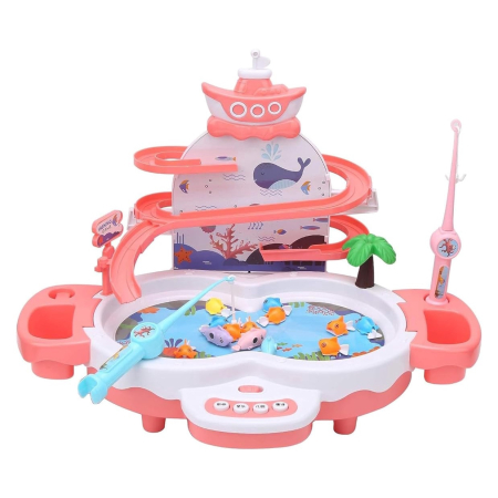Jucării Interactive - Joc interactiv de pescuit, Tobogan si Lift pentru Pestisori, 2 Undite si 2 Palete Incluse, Roz, Joynix